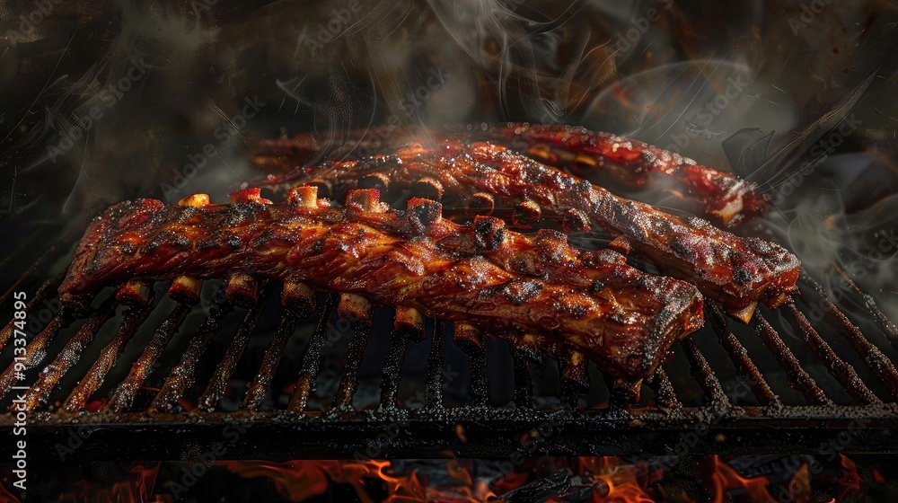 Grilled ribs sizzling on a barbecue, surrounded by smoke, highlighting delicious marination and mouthwatering flavor. Grilled ribs sizzling on a barbecue, surrounded by smoke, highlighting delicious marination and mouthwatering flavor.