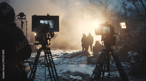 Monochrome image capturing a busy film set, providing an intriguing wallpaper or background with a cinematographic atmosphere
