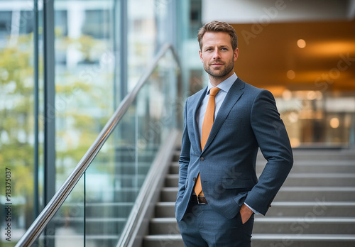 businessman inside office in business suit, man with crossed arms smiling and looking at camera, experienced financier boss near window, investor