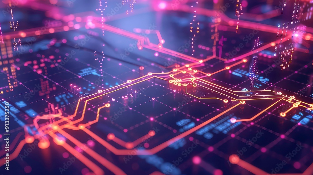 A close-up shot of a circuit board with bright yellow and pink lights. A close-up shot of a circuit board with bright yellow and pink lights.