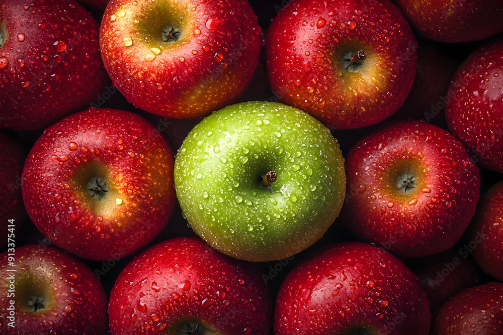 A vibrant arrangement of red and green apples with droplets of water, showcasing freshness and variety in a colorful display. A vibrant arrangement of red and green apples with droplets of water, showcasing freshness and variety in a colorful display.