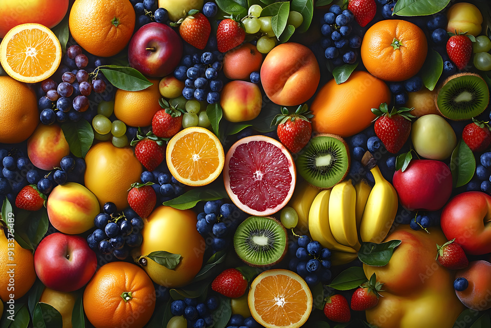 A vibrant assortment of fresh fruits including grapes, apples, and citrus, showcasing a rich palette of colors for a healthy lifestyle. A vibrant assortment of fresh fruits including grapes, apples, and citrus, showcasing a rich palette of colors for a healthy lifestyle.