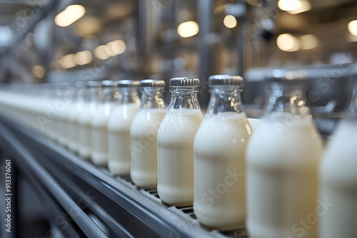 Bottles of fresh milk on a production line in a dairy factory. Ideal for showcasing food production and dairy industry themes.