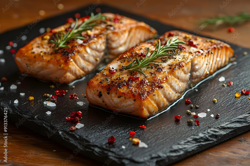 Delicious grilled salmon fillet garnished with herbs and spices, served on a slate board for an elegant dining experience. Delicious grilled salmon fillet garnished with herbs and spices, served on a slate board for an elegant dining experience.