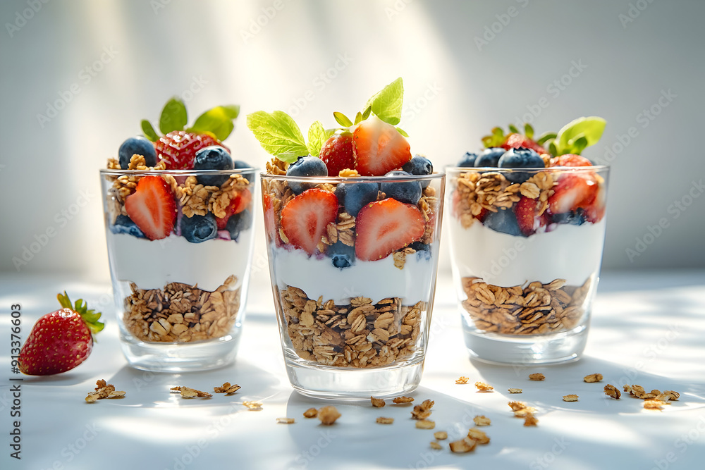 Delicious yogurt parfait with layers of granola, strawberries, and blueberries in a glass, perfect for healthy snacking. Delicious yogurt parfait with layers of granola, strawberries, and blueberries in a glass, perfect for healthy snacking.