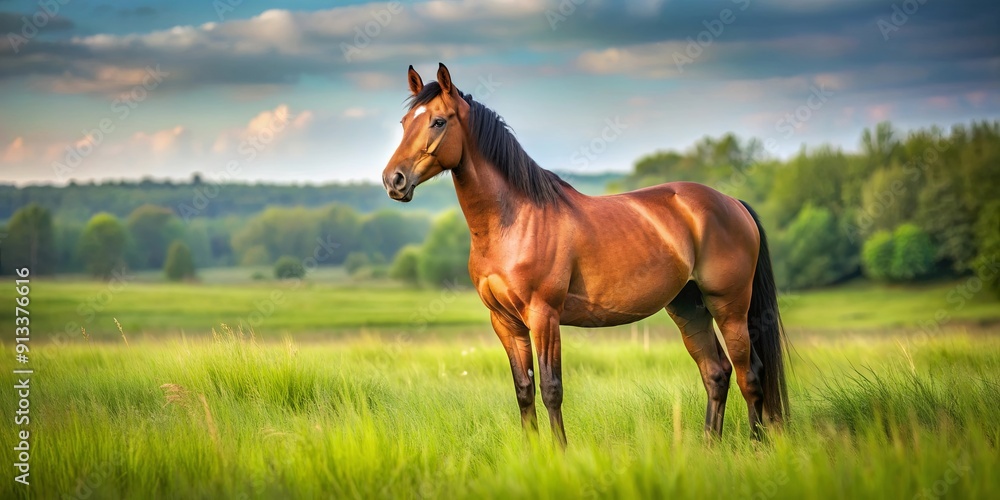 Beautiful brown horse standing in a grassy field, horse, animal, brown, mane, pasture, mammal, domesticated, equine, majestic Beautiful brown horse standing in a grassy field, horse, animal, brown, mane, pasture, mammal, domesticated, equine, majestic