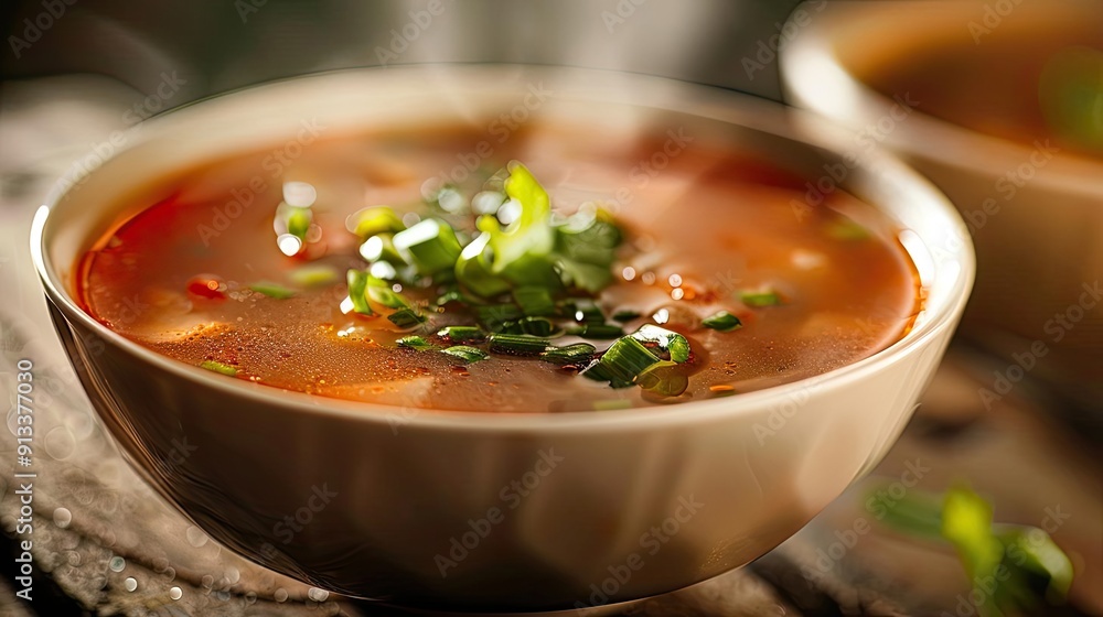 A warm bowl of soup garnished with fresh herbs, perfect for a cozy meal. Ideal for food photography and culinary art. A warm bowl of soup garnished with fresh herbs, perfect for a cozy meal. Ideal for food photography and culinary art.
