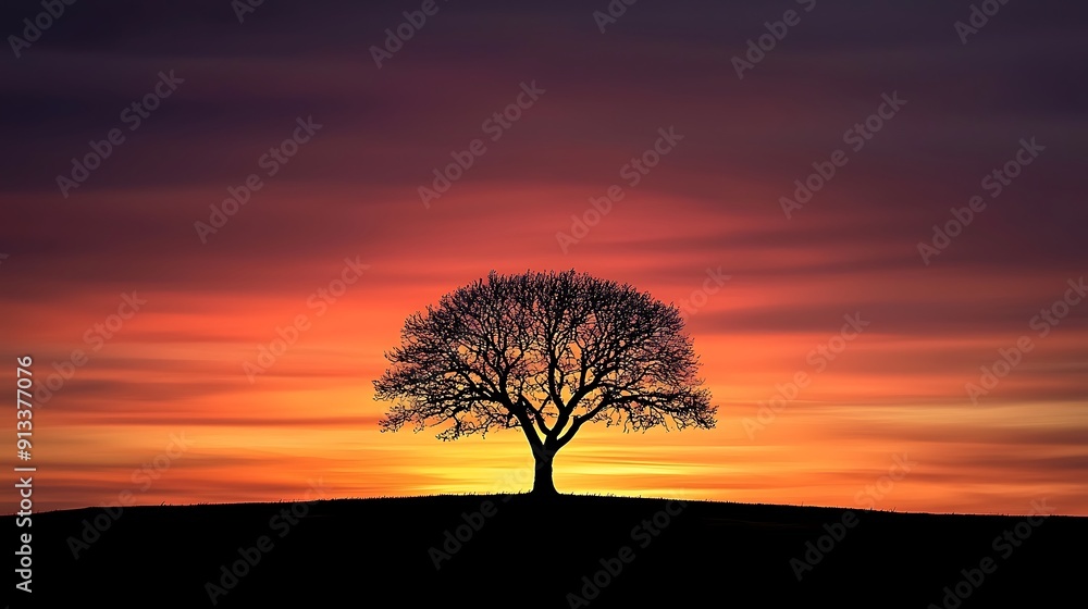 A dramatic silhouette of a tree against a vibrant sunset, leaving ample copy space for text or branding A dramatic silhouette of a tree against a vibrant sunset, leaving ample copy space for text or branding