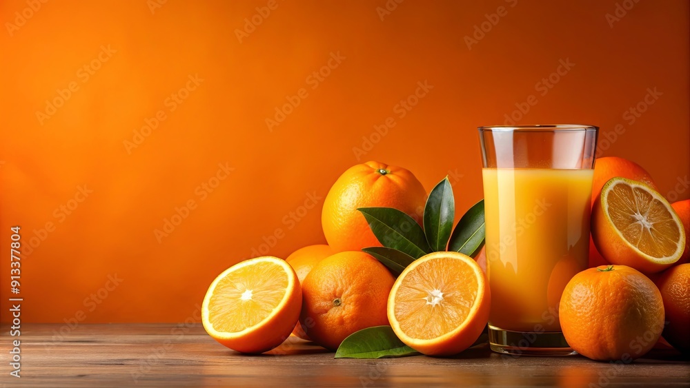 Fresh orange juice and oranges on a vibrant orange background, oranges, citrus, fruits, drink, refreshment, healthy, vitamin C Fresh orange juice and oranges on a vibrant orange background, oranges, citrus, fruits, drink, refreshment, healthy, vitamin C