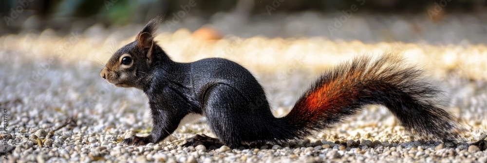 Obraz premium A melanistic eastern gray squirrel with a red tail perched on gravel showcasing a unique genetic variation in pigmentation