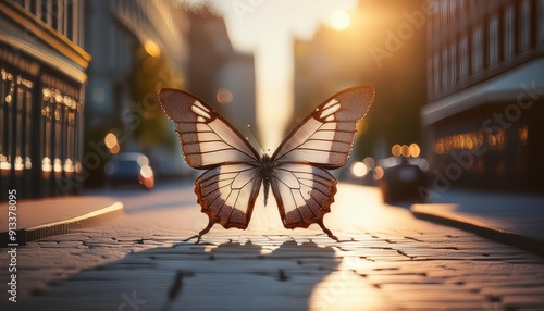 A delicate butterfly with intricately detailed wings walks gracefully in the middle of a qui  photo