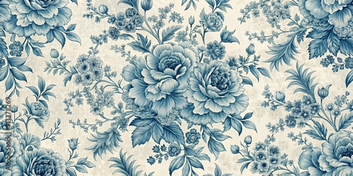 French vintage floral toile blue pattern with detailed intricate design, vintage, French, floral, toile, blue, pattern