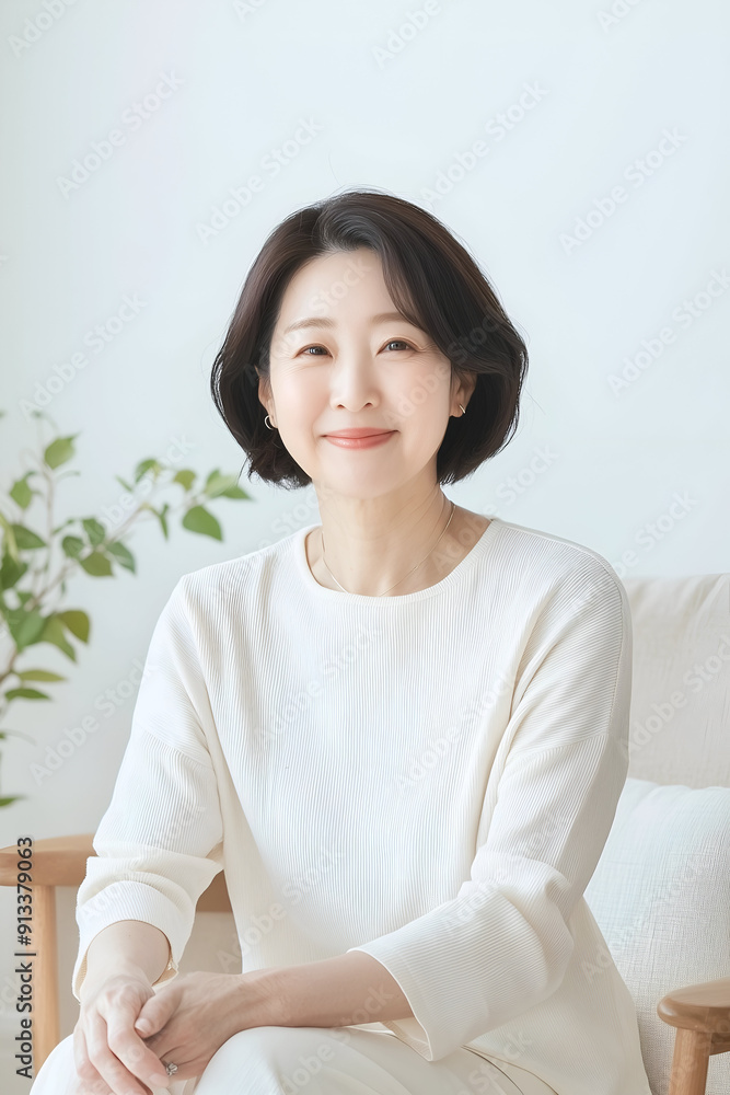Elegant Middle-aged Woman with a Warm Smile in a Cozy Home Environment Elegant Middle-aged Woman with a Warm Smile in a Cozy Home Environment