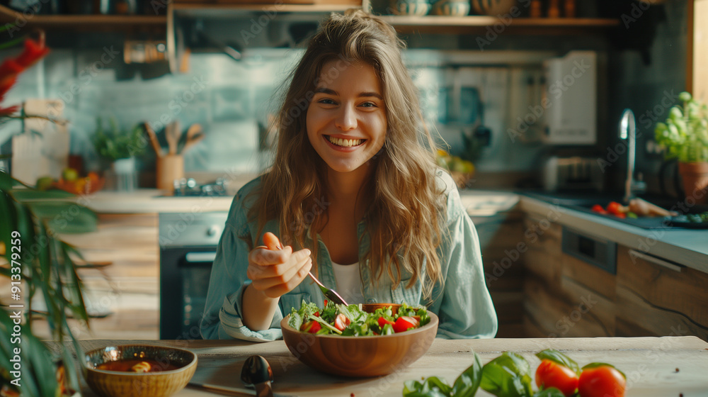 Vegan smiling woman eating a vegetables salad in the kitchen Vegan smiling woman eating a vegetables salad in the kitchen
