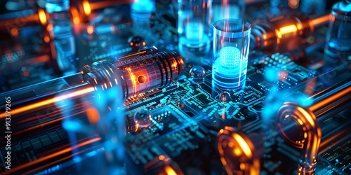 Close-up of a high-tech circuit board with glowing components, showcasing the intricate details and advanced design of modern electronic technology.