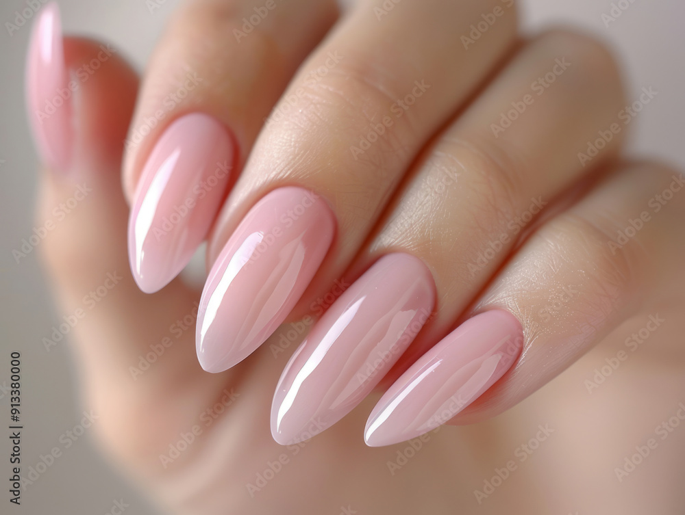 Elegant Neutral Manicure: Closeup of Woman's Hands with Almond-Shaped Light Pink Nails Elegant Neutral Manicure: Closeup of Woman's Hands with Almond-Shaped Light Pink Nails