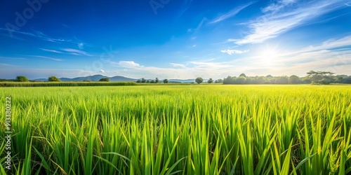 Close up view of lush green paddy field with clear blue sky overhead, paddy field, agriculture, crop, rice, farming