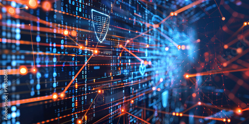 Cybersecurity Digital Network with Shields, High-Tech Data Security Concept photo