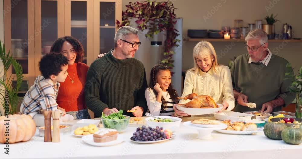 Happy family, kitchen and dinner for thanksgiving in home with love, food and gratitude for holiday celebration. Kids, conversation and table with care, feast and reunion with interracial relatives. Happy family, kitchen and dinner for thanksgiving in home with love, food and gratitude for holiday celebration. Kids, conversation and table with care, feast and reunion with interracial relatives.