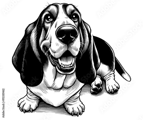 Hand drawn Cute Basset Hound dog in full-body, vector sketch isolated on white background.	