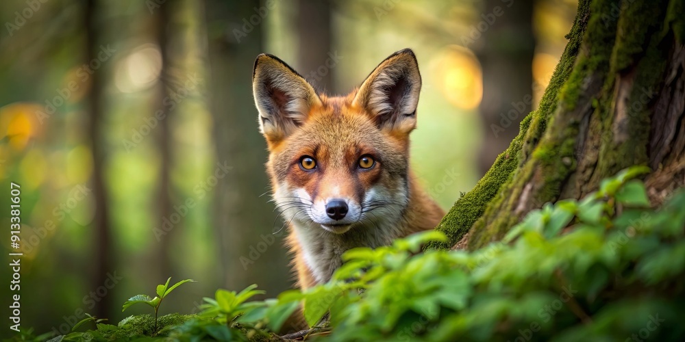 Sly and agile fox hiding in a forest , wild, cunning, predator, hunter, mammal, beautiful, wildlife, nature, red, fur, clever Sly and agile fox hiding in a forest , wild, cunning, predator, hunter, mammal, beautiful, wildlife, nature, red, fur, clever