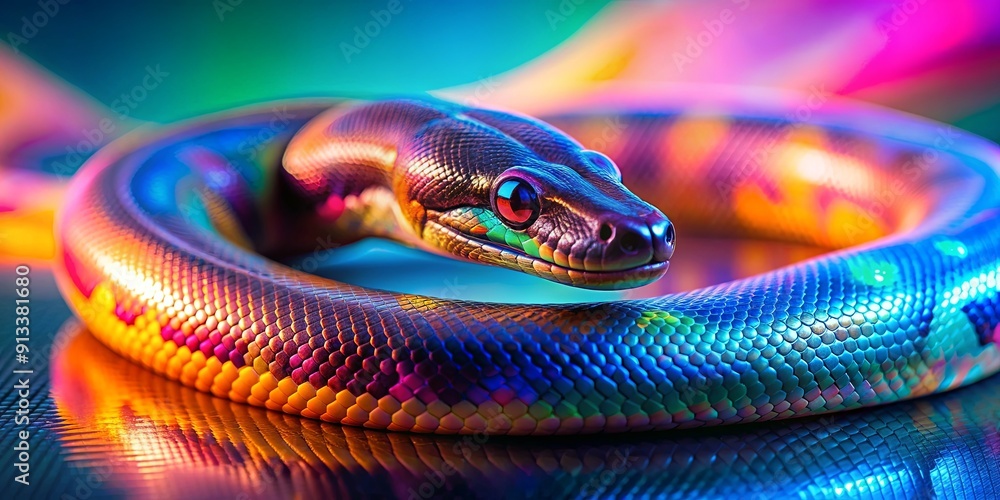 Obraz premium Holographic anaconda snake slithering on a colorful background, holographic, anaconda, snake, slithering