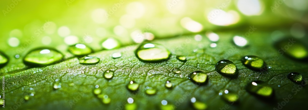 Water Droplets on a Green Leaf with Sunbeams