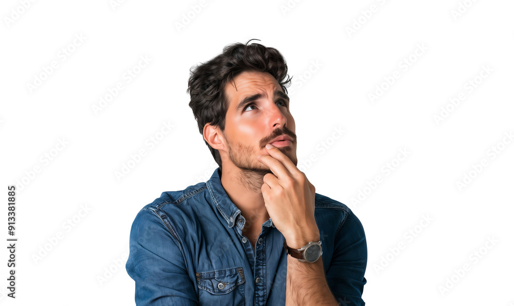 Portrait of a curious man thinking and looking up with hand at chin, isolated on transparent background
Portrait of a curious man thinking and looking up with hand at chin, isolated on transparent background