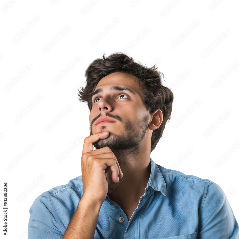 Portrait of a curious man thinking and looking up with hand at chin, isolated on transparent background
Portrait of a curious man thinking and looking up with hand at chin, isolated on transparent background