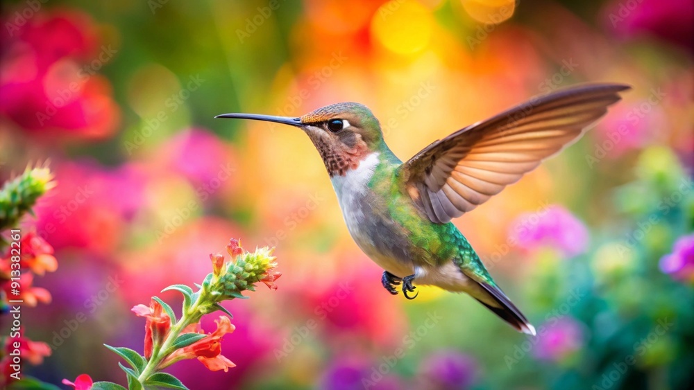 Fototapeta premium A delicate hummingbird hovering near a blooming flower, its wings a blur of motion, set against a vibrant garden backdrop.