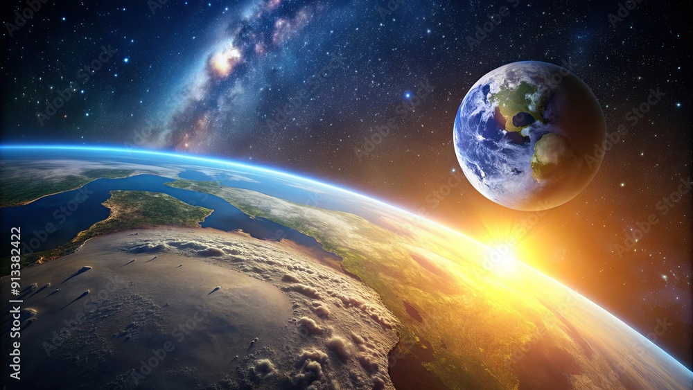 Obraz premium Earth's surface with the moon and sunrise in space, Earth, surface, moon, sunrise, space, sky, universe, cosmic, beauty