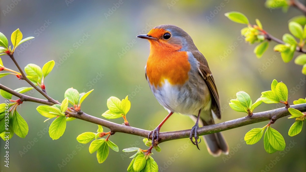 A charming robin perched on a budding spring branch, with fresh green leaves beginning to unfurl. A charming robin perched on a budding spring branch, with fresh green leaves beginning to unfurl.