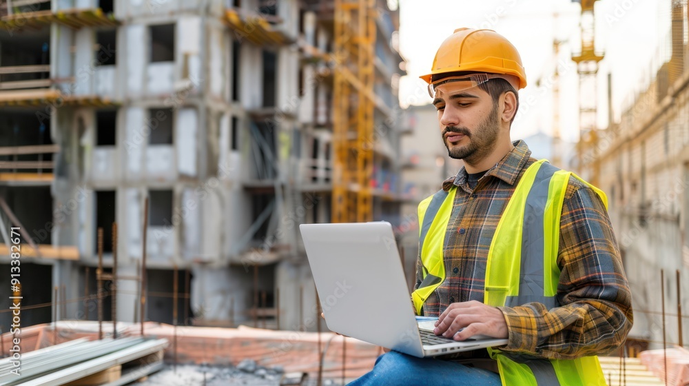 Construction Worker Using Laptop at a Building Site Construction Worker Using Laptop at a Building Site