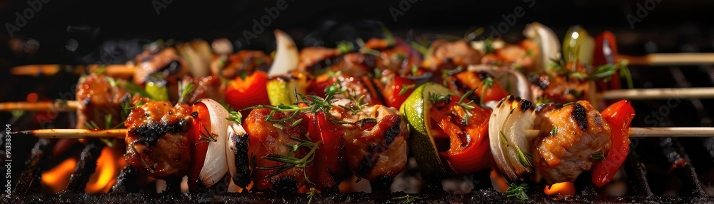 Grilled skewers featuring colorful vegetables and marinated meat, perfect for a summer barbecue or festive gathering. Grilled skewers featuring colorful vegetables and marinated meat, perfect for a summer barbecue or festive gathering.