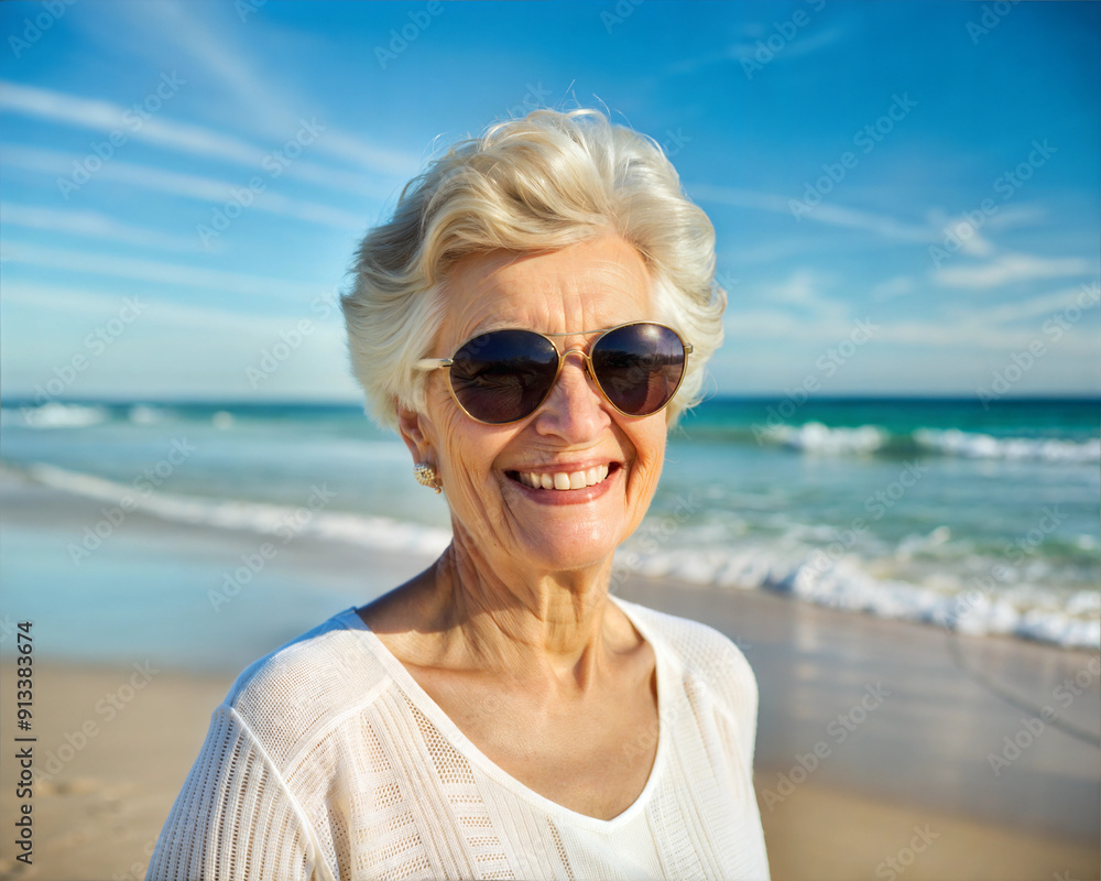 Happy elderly woman in sunglasses smiling on a sunny beach Happy elderly woman in sunglasses smiling on a sunny beach