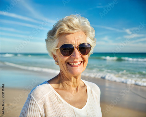 Happy elderly woman in sunglasses smiling on a sunny beach