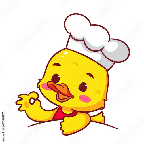 Cute Little Chef Duck Cartoon Vector Logo. Adorable And Kawaii Animal Concept Design. Icon Mascot Illustration Isolated White Background.