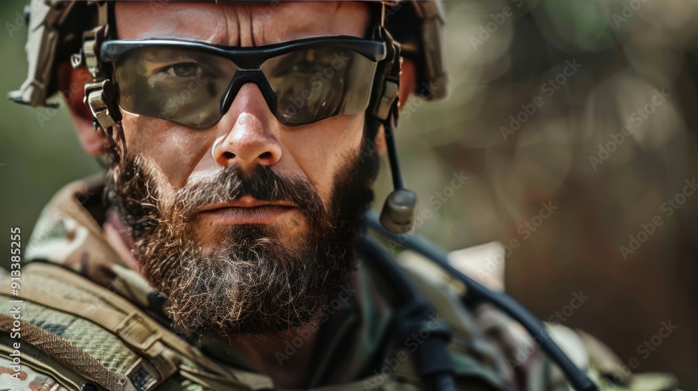 Close-up Portrait of a Bearded Soldier Wearing Protective Gear Close-up Portrait of a Bearded Soldier Wearing Protective Gear