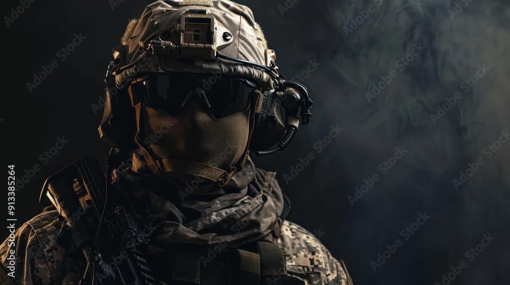 A soldier in camouflage gear and a helmet stands in front of a smoky background. A soldier in camouflage gear and a helmet stands in front of a smoky background.