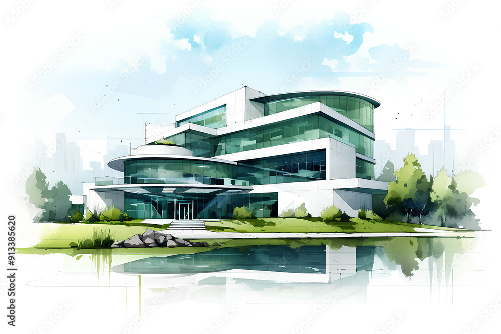 anamorphic Modern corporate building architecture sketch design, green ...