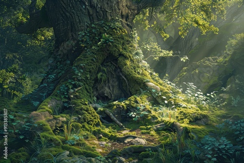 Wallpaper Mural Ancient Tree Base Covered in Moss and Vines in a Sun-Dappled Forest Torontodigital.ca