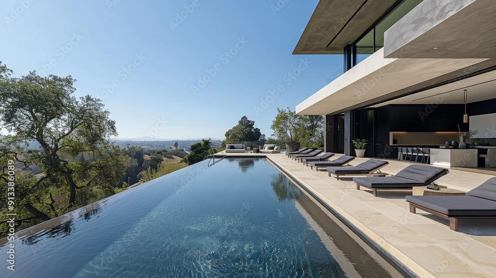 Fototapeta premium Infinity Pool: A sleek pool with views of rolling hills, modern lounge chairs, and minimalistic decor. no darkness
