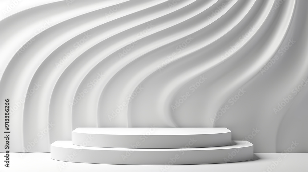 Fototapeta premium Sleek white podium against a wavy textured wall, ideal for presentations, exhibitions, and artistic showcases.