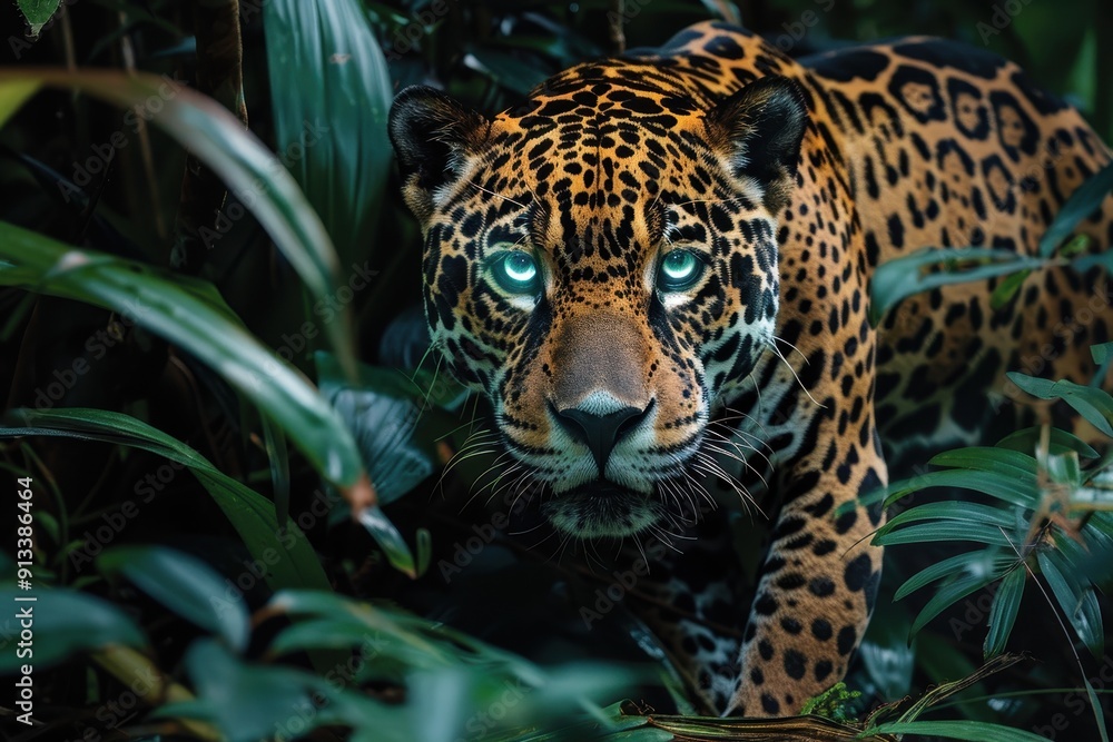 A Jaguar with Glowing Green Eyes Peering through Lush Foliage A Jaguar with Glowing Green Eyes Peering through Lush Foliage