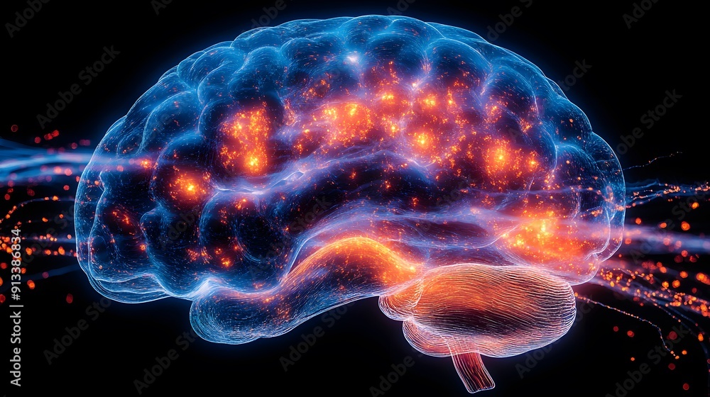 An image of a brain with highlighted areas to represent different diseases (e.g., bright spots for tumors, different colors for regions affected by stroke, Alzheimer's, or Parkinson's). An image of a brain with highlighted areas to represent different diseases (e.g., bright spots for tumors, different colors for regions affected by stroke, Alzheimer's, or Parkinson's).