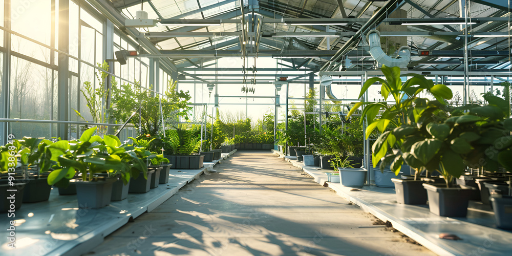Greenhouse with Lush Plants, Modern Indoor Garden with Various Plant Species Greenhouse with Lush Plants, Modern Indoor Garden with Various Plant Species