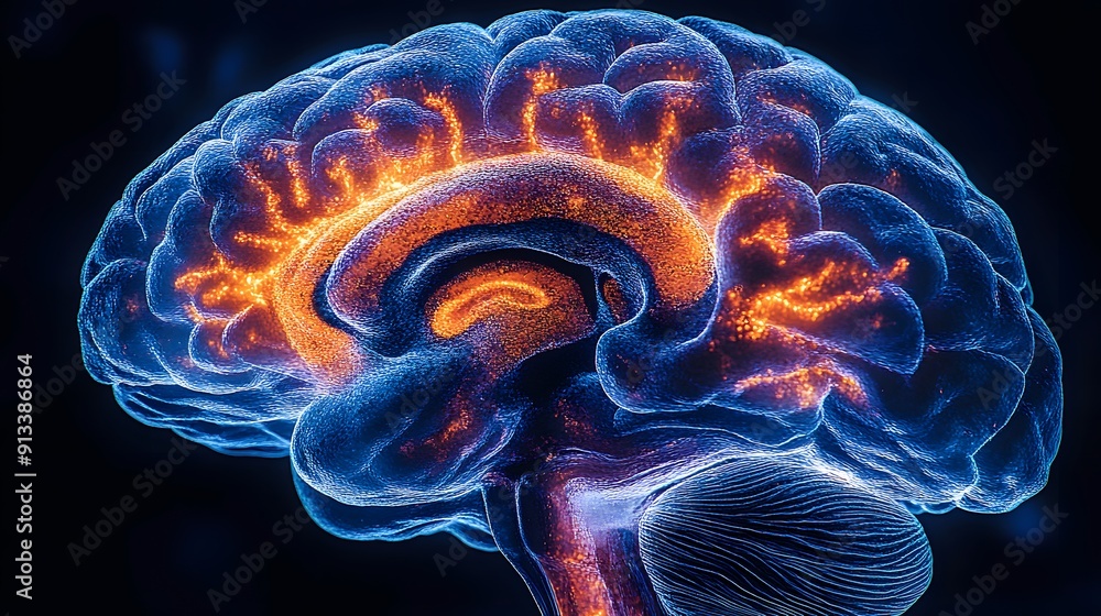 An image of a brain with highlighted areas to represent different diseases (e.g., bright spots for tumors, different colors for regions affected by stroke, Alzheimer's, or Parkinson's). An image of a brain with highlighted areas to represent different diseases (e.g., bright spots for tumors, different colors for regions affected by stroke, Alzheimer's, or Parkinson's).