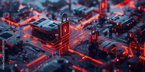 Circuit Board with Security Lock Symbols, Cybersecurity Concept on Electronic Circuit