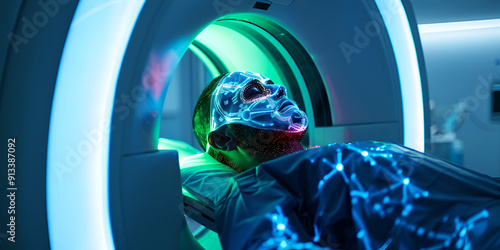 MRI Scan with Futuristic Lighting, Patient Undergoing MRI Scan with Digital Overlay