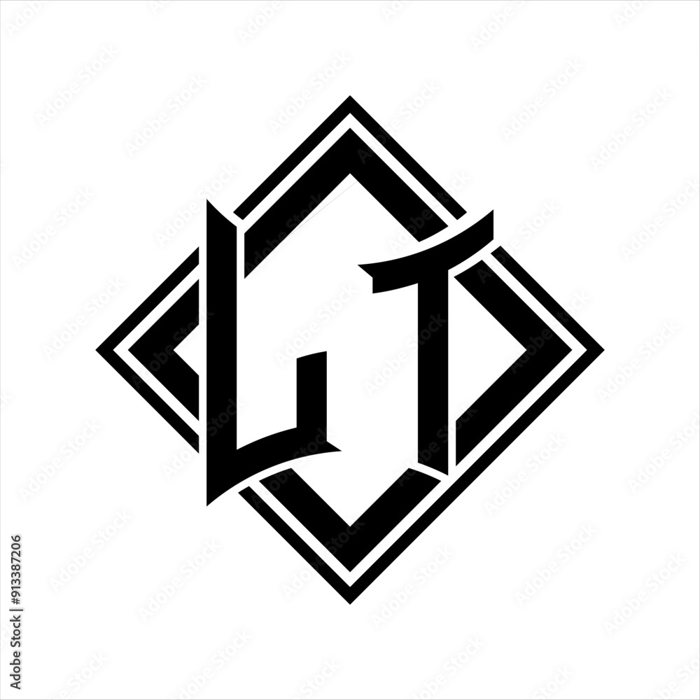 LT Letter logo with abstract shield shape with square black outline on white background design LT Letter logo with abstract shield shape with square black outline on white background design